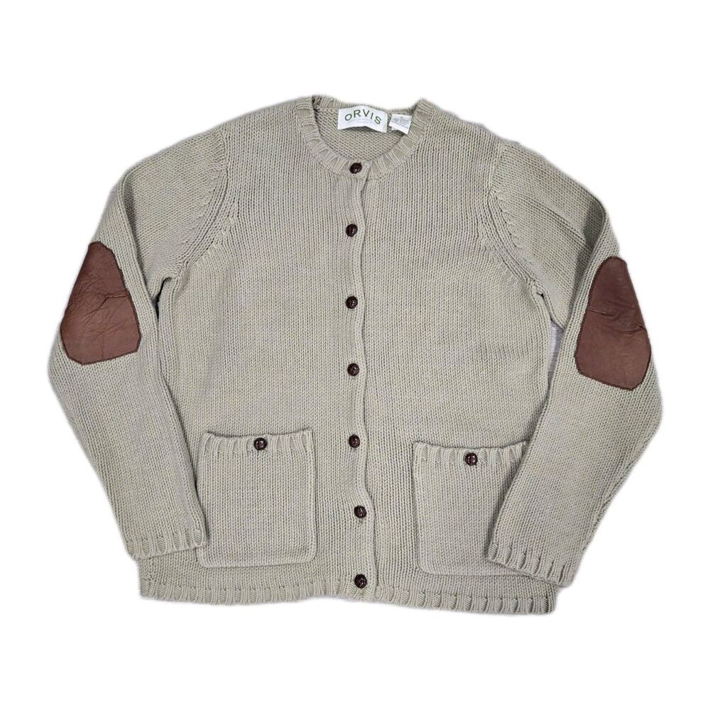 Orvis Women's Sweater Cardigan Size Small Beige Leather Elbow Patch